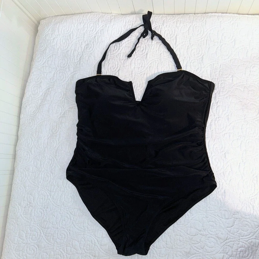 NWT Catherine Malandrino V Wire Shirred Black 1 Piece Bandeau Swimsuit Plus S 3X